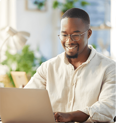 Professional woman with headphones using laptop for online learning